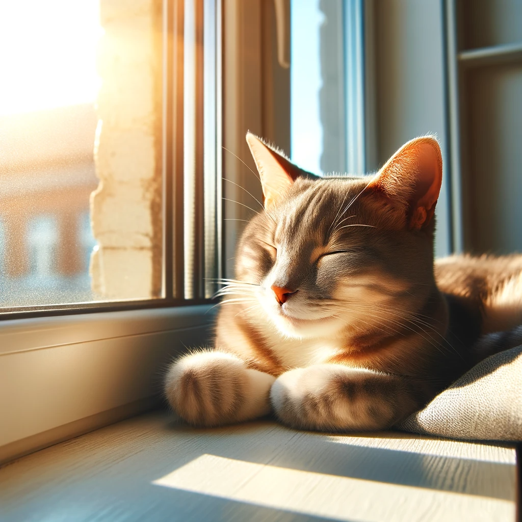 cat and sunbathing. -domestic-cat-comfortably-lounging-in-a-sunny-spot-possibly-by-a-window-with-a-relaxed-and-content-expression.