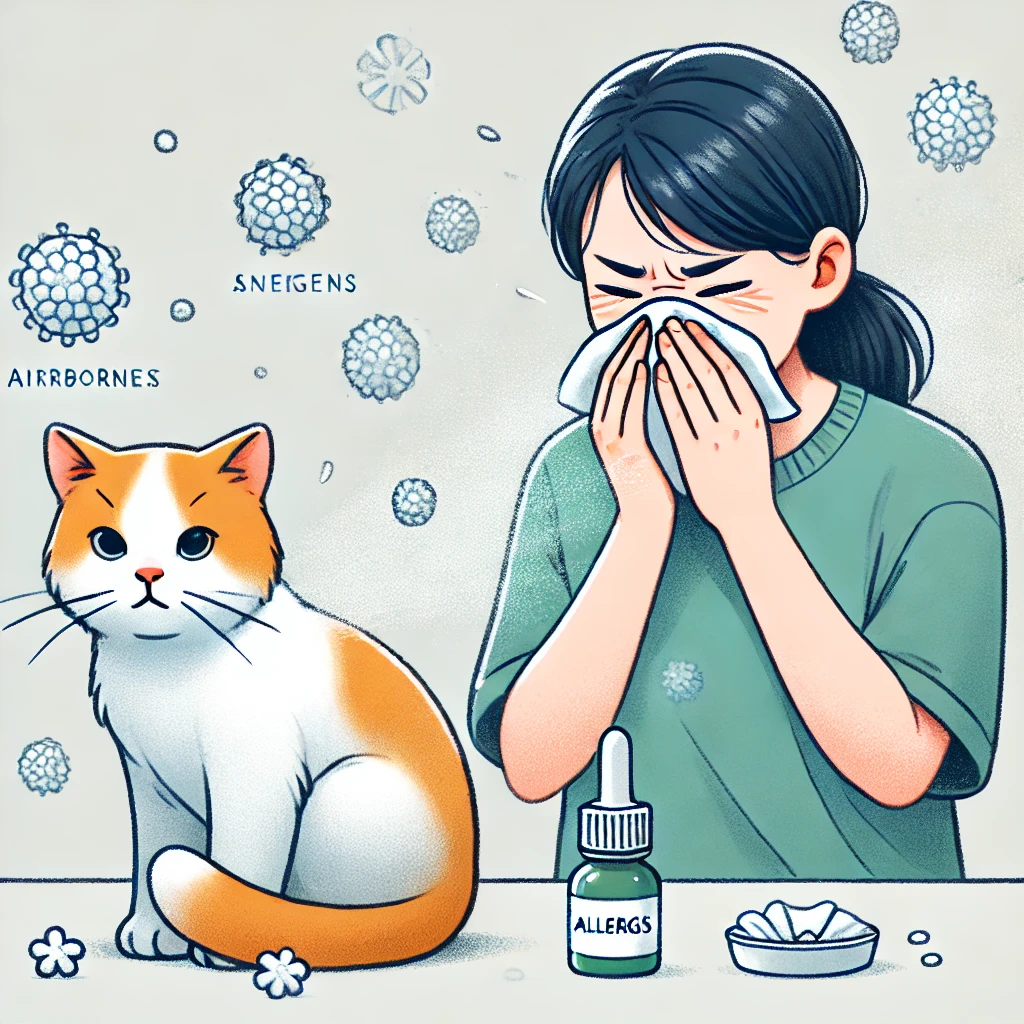 An-illustration-showing-a-cat-and-a-person-experiencing-an-allergic-reaction.-The-person-is-sneezing-with-watery-itchy-eyes-while-the-cat-is-sitting