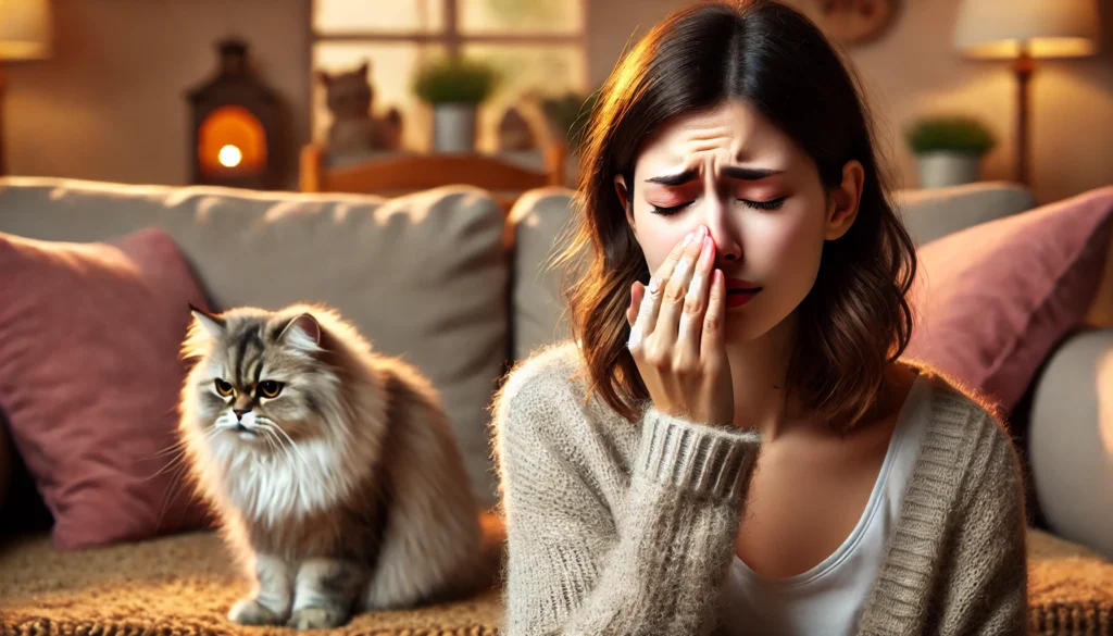 image of a woman experiencing a cat allergy, with a cat nearby