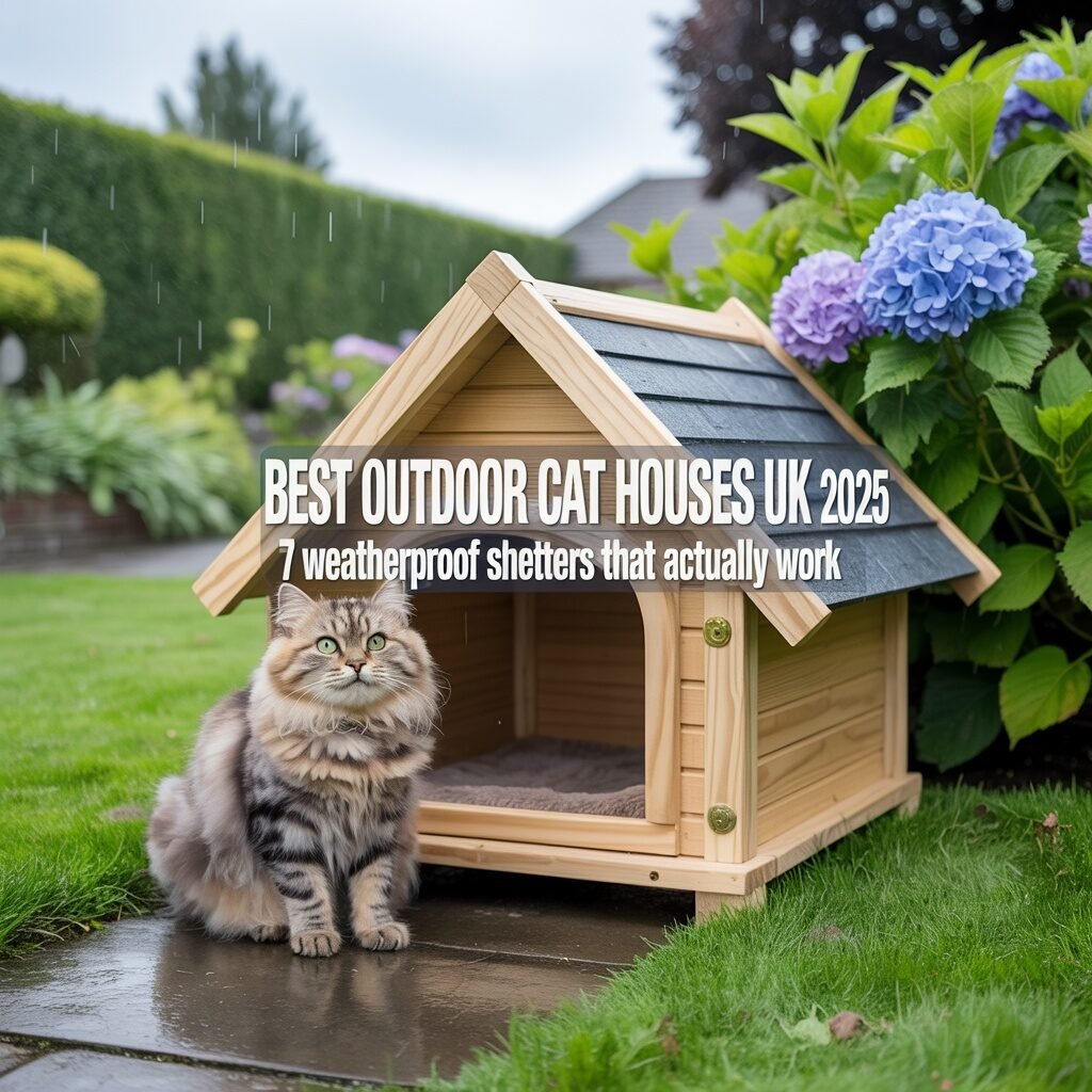 Best outdoor cat houses UK 2025 - weatherproof shelter guide with cat in British garden setting