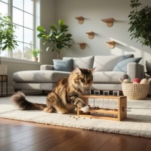 A curious Maine Coon cat playing with a puzzle feeder toy on a soft rug in a cosy modern living room filled with natural light, plants, and cat shelves — showing intelligent behaviour and mental stimulation during playtime.