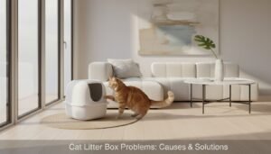 Cat near a litter box with visible odour lines — illustrating common smell problems caused by poor litter quality or infrequent cleaning.