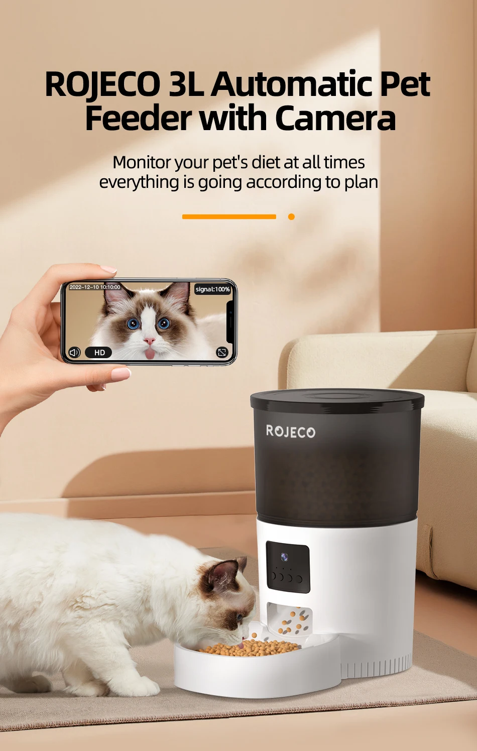 ROJECO Automatic Cat Feeder With Camera Video Cat Food Dispenser Pet Smart Voice Recorder Remote Control Auto Feeder For Cat Dog - Image 8