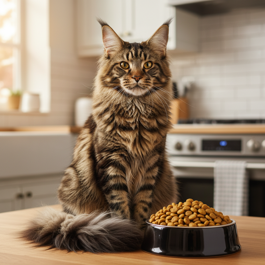Maine Coon cat with premium dry cat food bowl - Best dry food for Maine Coons UK guide