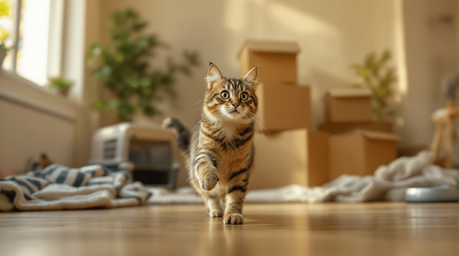 Cat exploring new home after moving house surrounded by boxes and familiar items