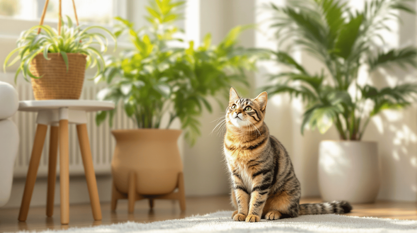 Happy tabby cat sitting safely beside cat-friendly houseplants including spider plant, Boston fern and areca palm in bright living room