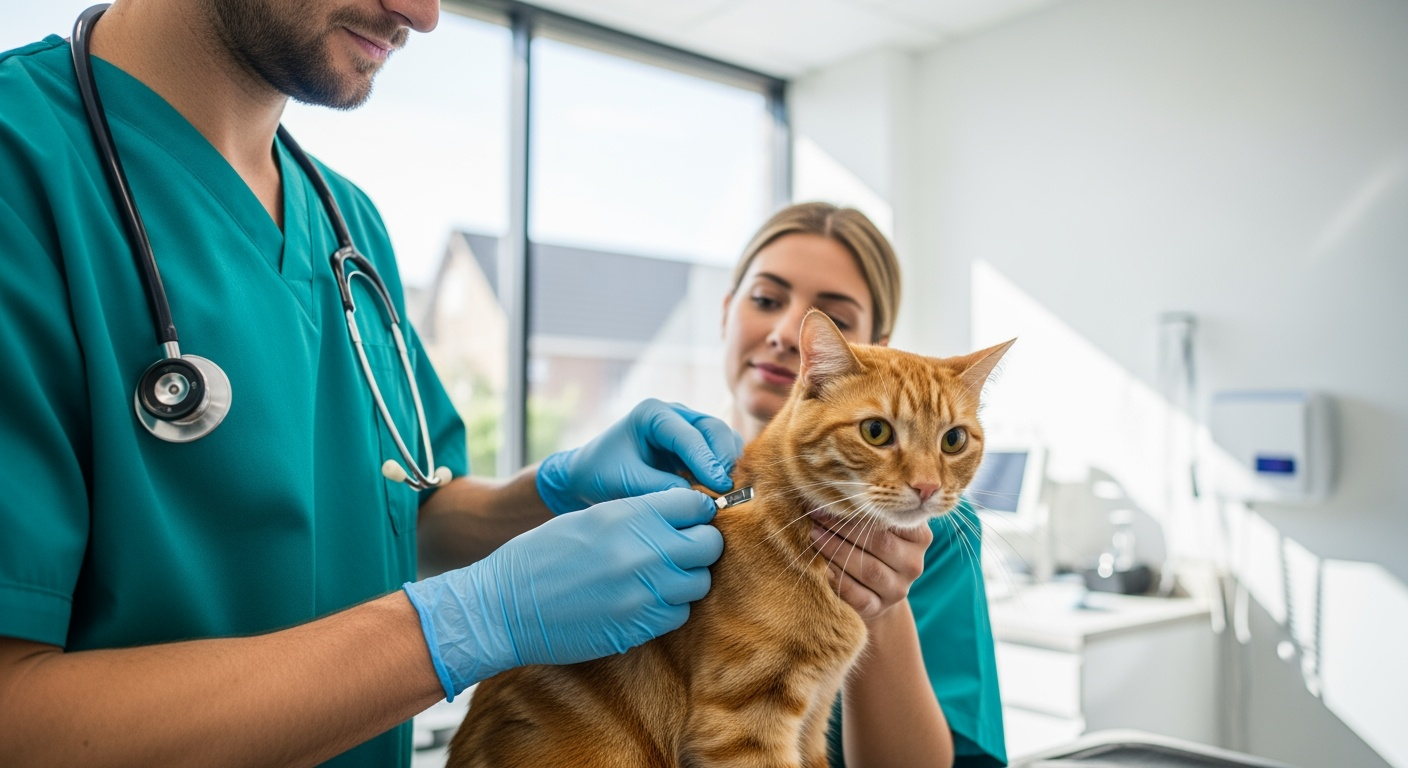 Veterinarian microchipping cat between shoulder blades in UK veterinary clinic demonstrating safe legal procedure