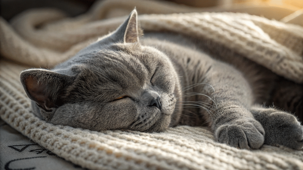 Grey cat in REM sleep stage showing peaceful dreaming behavior with closed eyes and relaxed posture
