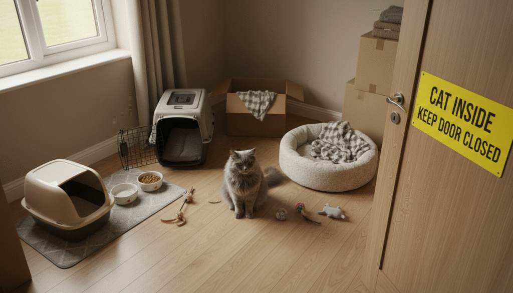 Proper cat safe room setup with litter box, food, bed, and toys during house move