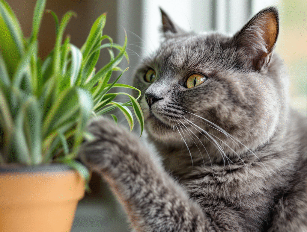 Grey cat safely interacting with spider plant on sunny windowsill showing peaceful coexistence of cats and houseplants