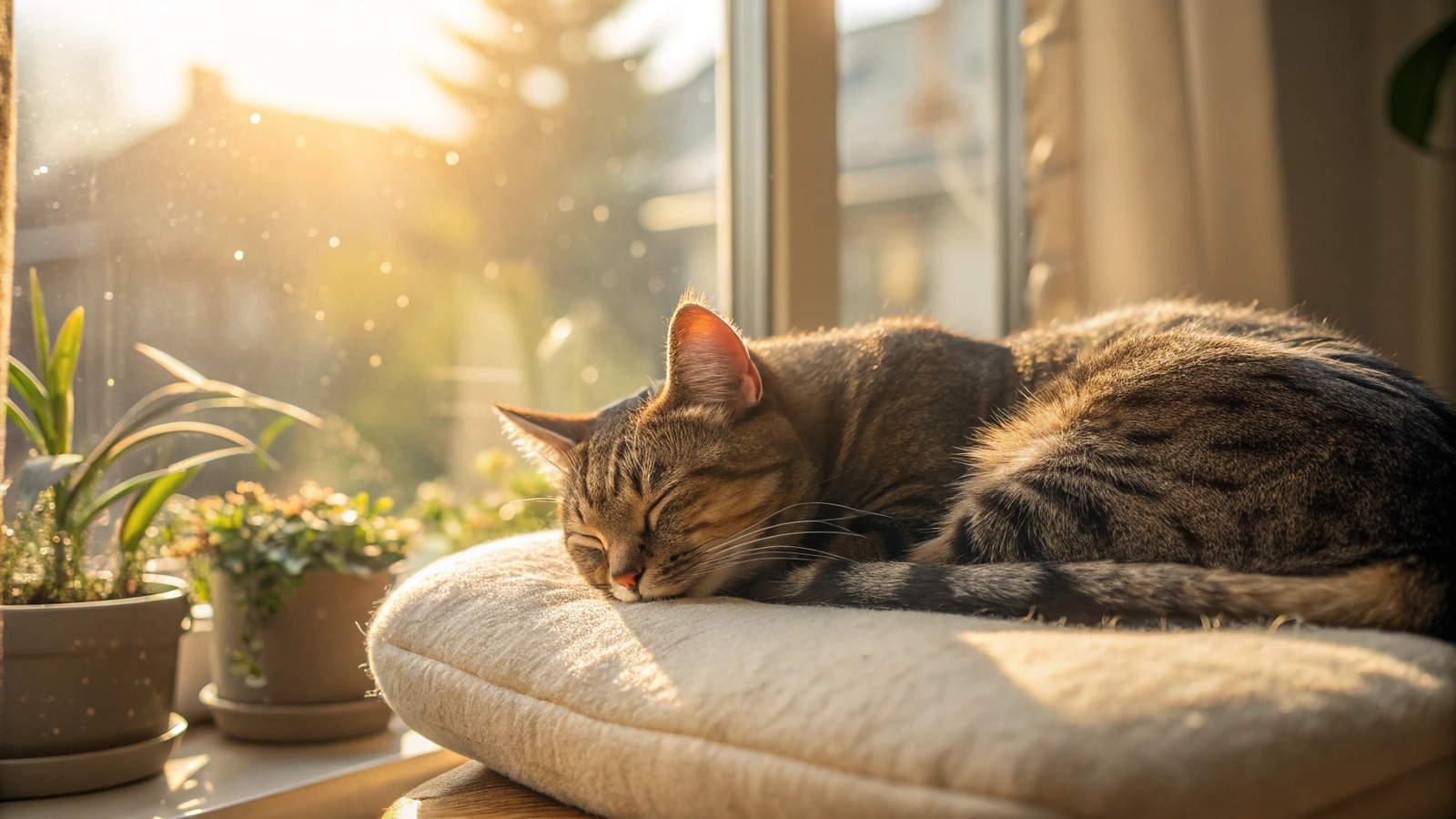 Cat sleeping peacefully in sunlit window demonstrating normal cat sleeping patterns and healthy feline behavior