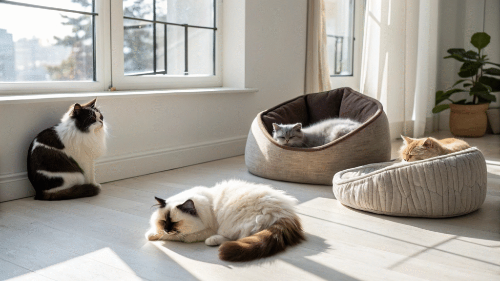 Three cats demonstrating different sleeping positions including loaf position, curled ball, and stretched out posture
