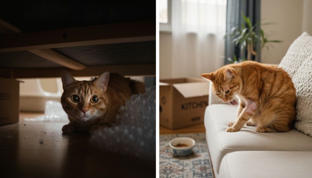 Common stress signs in cats after moving - hiding and excessive grooming behaviors