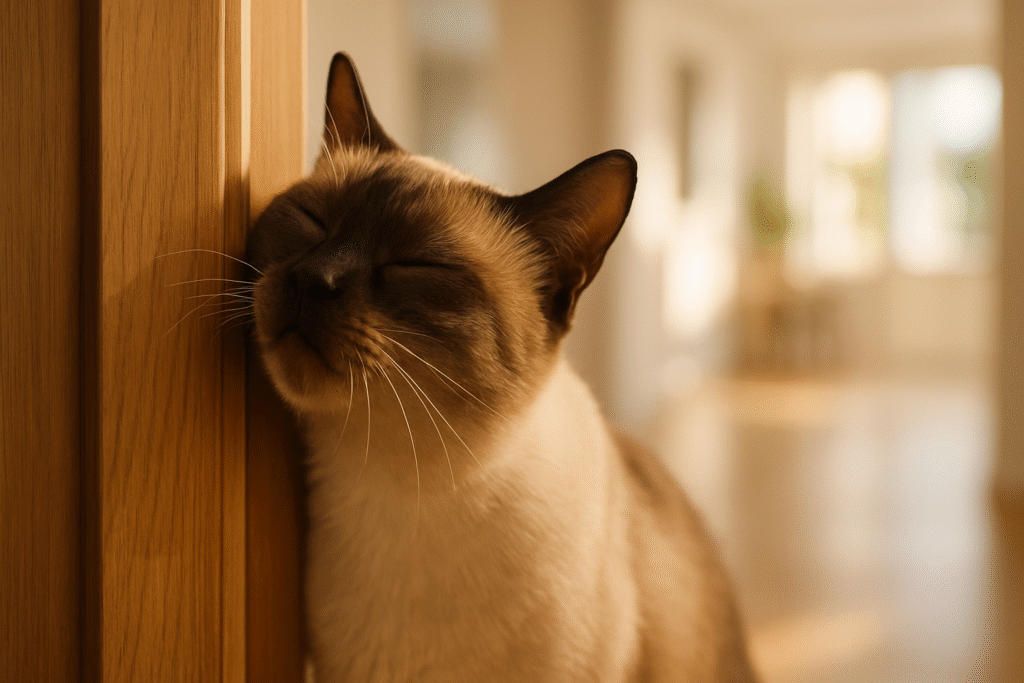 Cat rubbing face on doorframe to mark territory with pheromones in new home