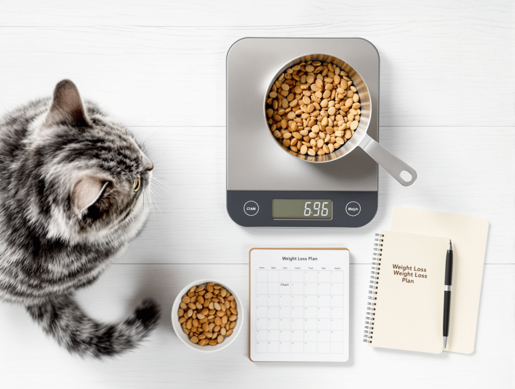 Cat food portion control setup with measuring tools and feeding schedule for weight management