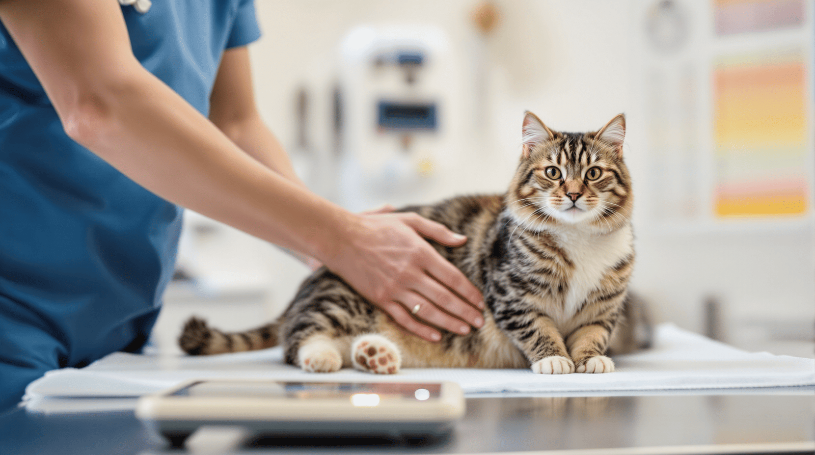 Veterinarian examining overweight cat's body condition for weight management assessment
