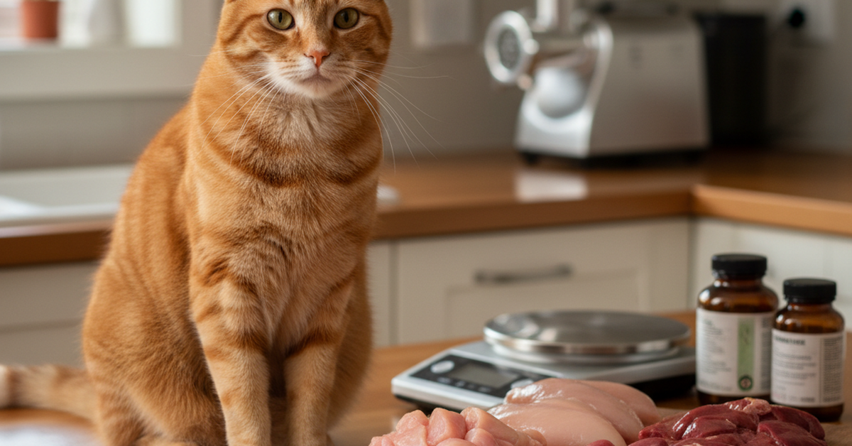 image of a cat in kitchen with raw chicken