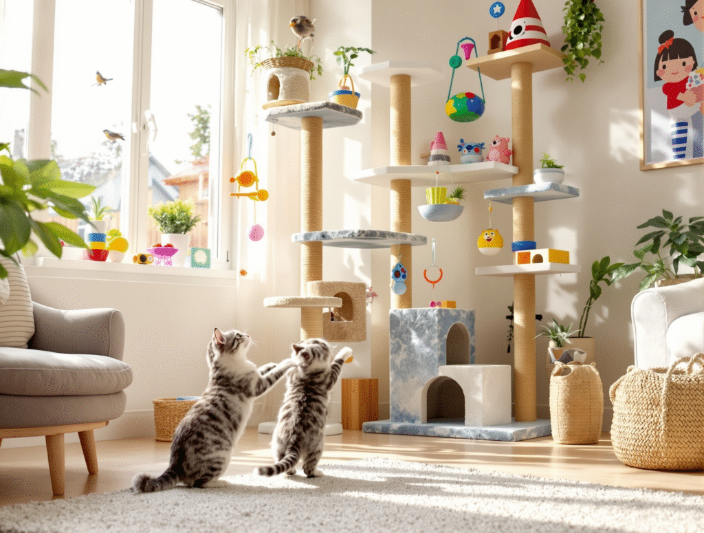 Indoor cat playing with enrichment toys showing proper environmental setup for indoor cats happiness