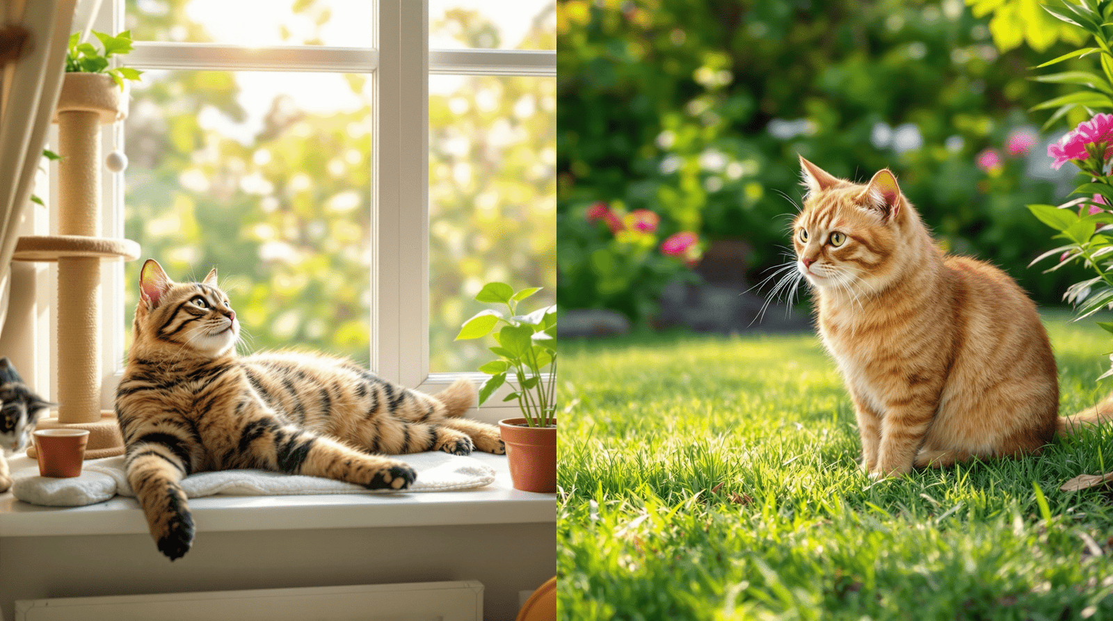 Indoor vs outdoor cats lifestyle comparison showing indoor cat on window perch and outdoor cat in garden