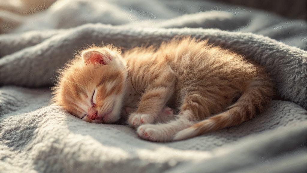 Young orange tabby kitten sleeping curled up showing normal extended sleep patterns for growth and development