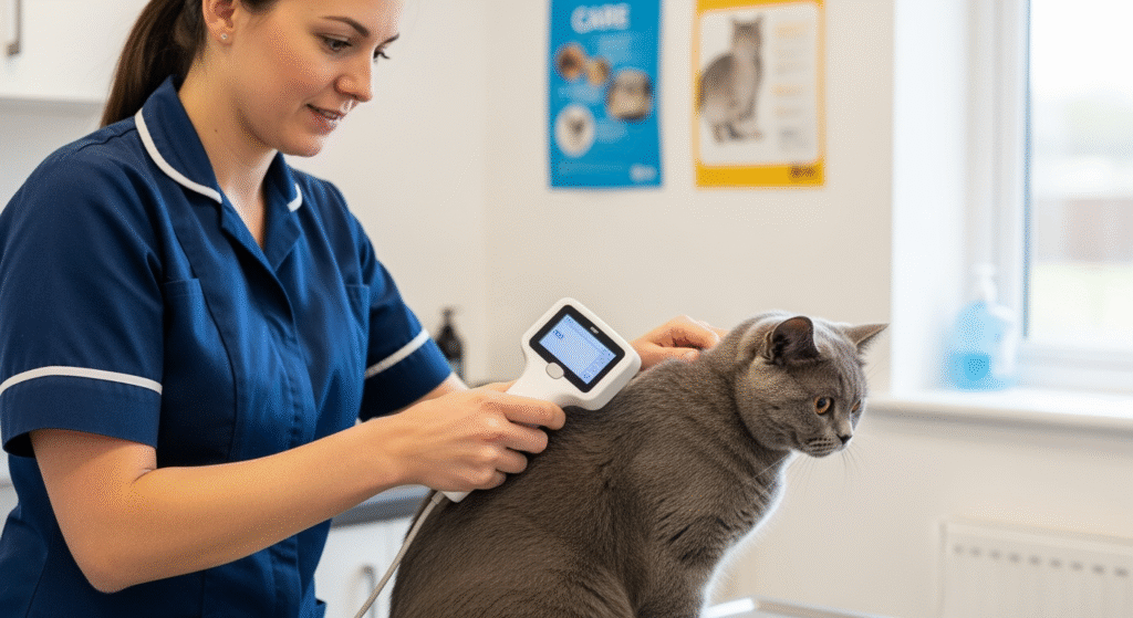 Veterinary professional scanning cat microchip with handheld reader to retrieve owner information UK
