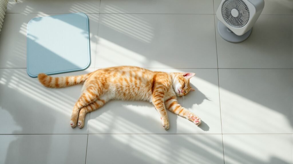 Orange cat lying on cool tile floor with cooling mat and fan during hot weather