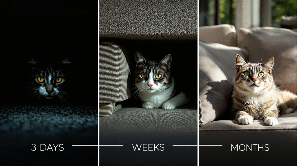 Cat adoption adjustment timeline showing 3-3-3 rule progression from nervous hiding to confident relaxed cat over three months