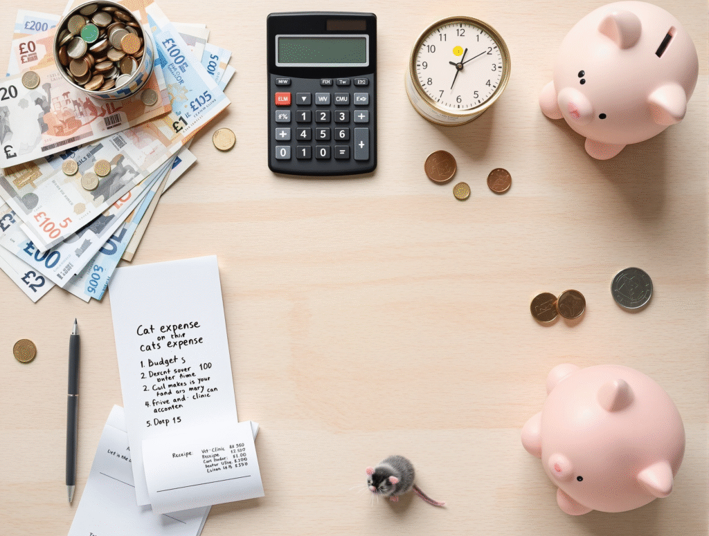 Cat ownership costs breakdown showing UK pounds, calculator, and budget list with annual expenses of £1,500