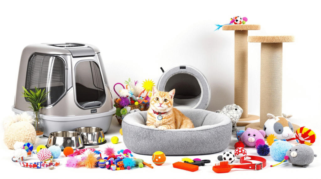Essential cat adoption supplies including food bowls, litter box, cat bed, toys, scratching post, carrier and grooming tools