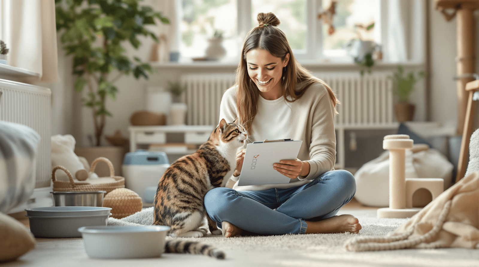 New cat owner with adoption checklist sitting with friendly adopted cat surrounded by essential supplies in UK home