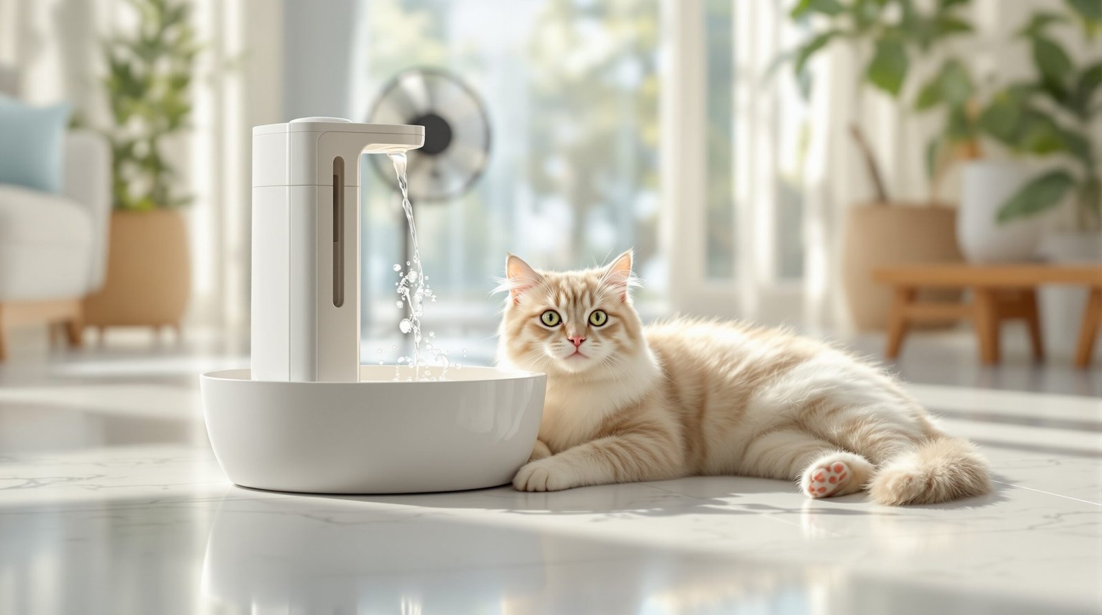 Contented cat lying on cool marble floor with water fountain for hot weather comfort