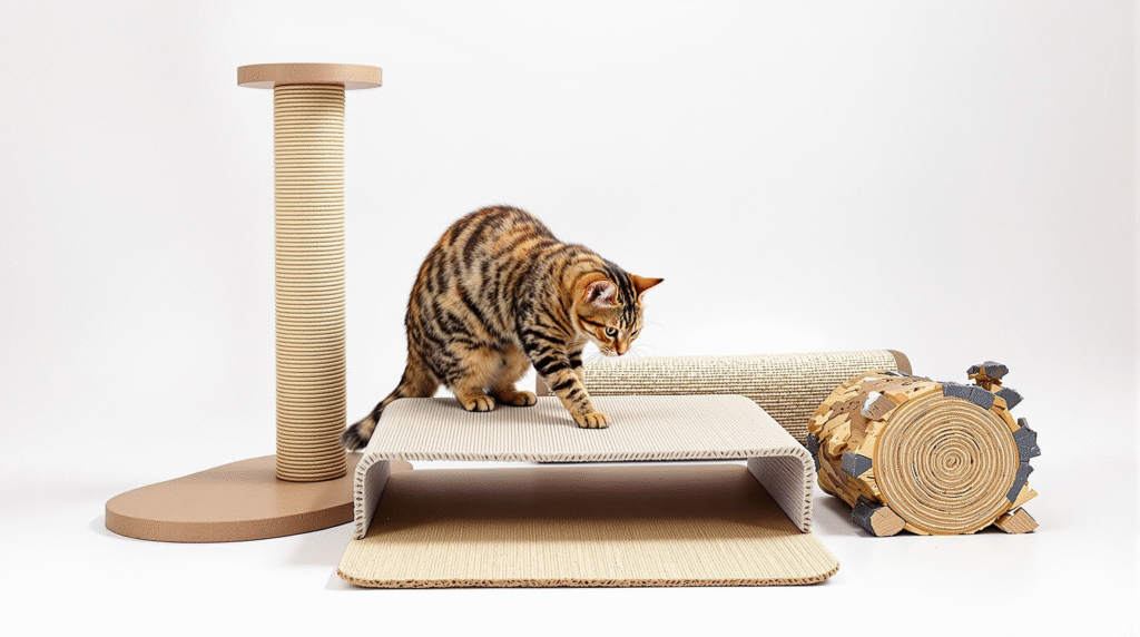 Comparison of different cat scratching post materials including sisal rope, cardboard, fabric mat and natural wood with cat