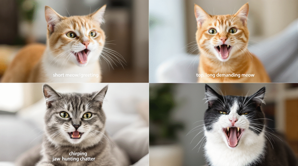 Cat body language comparison showing confident upright tail versus fearful flattened ears and lowered posture