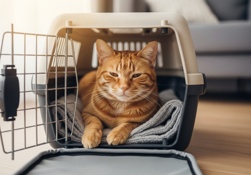 Relaxed ginger tabby cat lying comfortably inside open carrier showing successful training