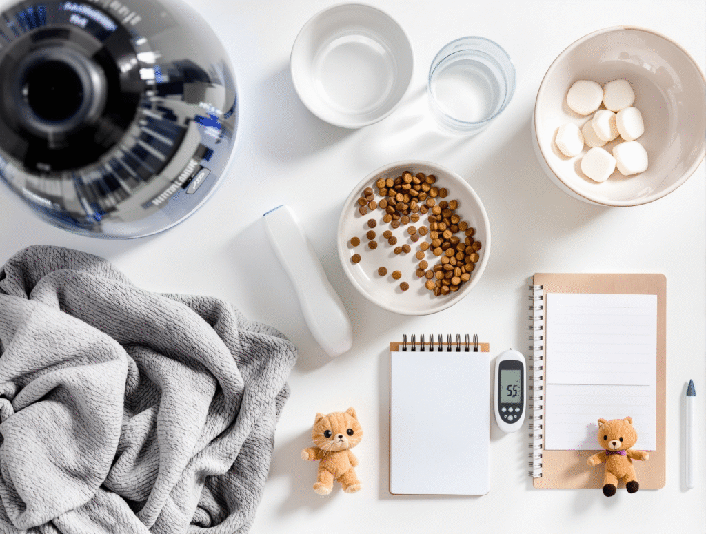 Essential cat cold care items including humidifier, food bowls, thermometer, and cotton pads arranged for home treatment