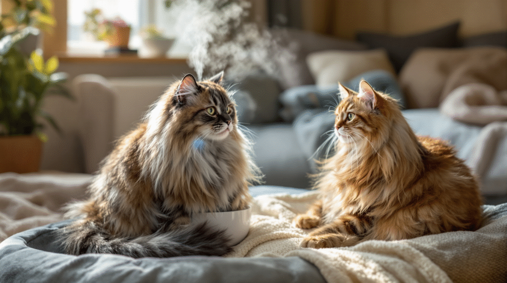 Long-haired cat relaxing comfortably near cool-mist humidifier demonstrating safe steam therapy for feline respiratory infections
