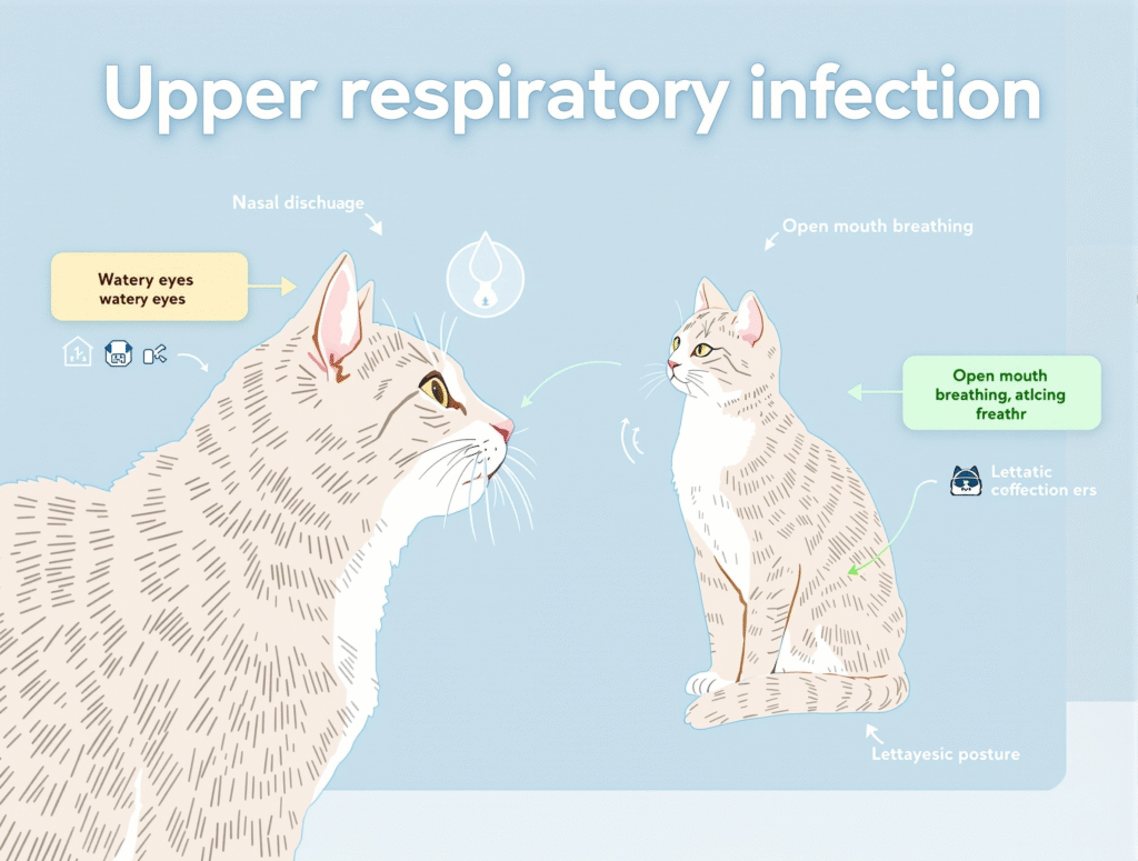 Educational veterinary diagram showing labeled cat cold symptoms including watery eyes, nasal discharge, and lethargic posture