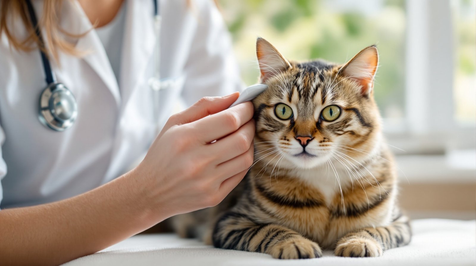 Veterinarian gently inspecting a cat's ear for signs of infection during routine examination