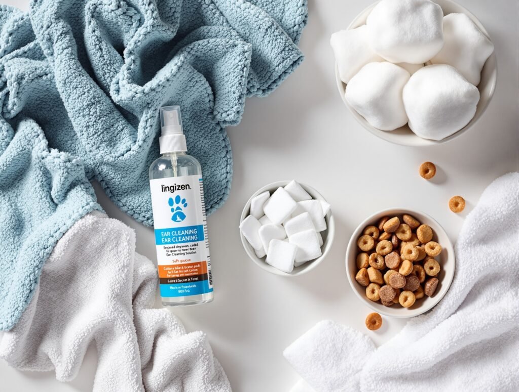 Essential supplies for safe cat ear cleaning including vet-approved solution and cotton balls