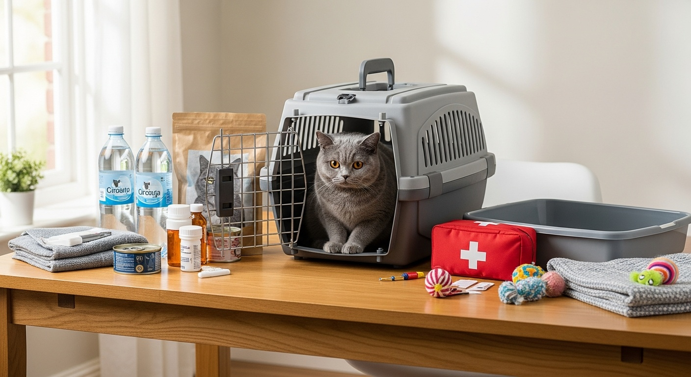 Complete cat emergency preparedness kit with carrier, supplies, and British Shorthair cat on wooden table in UK home