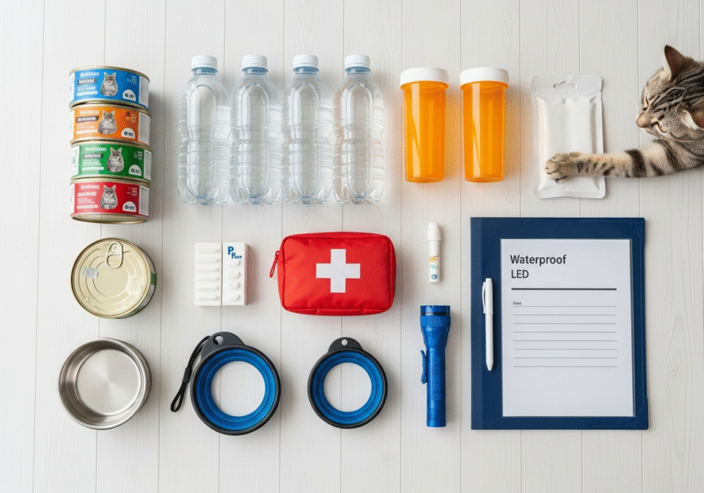 Organized cat emergency supplies including food, water, first aid kit, and medications arranged on table