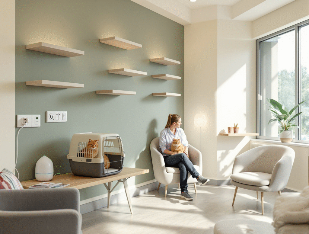 Cat-friendly veterinary clinic waiting room with elevated perches, separate areas, and calming green decor