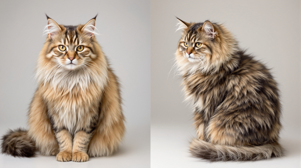 Side-by-side comparison of well-groomed cat versus cat with matted unkempt fur showing grooming neglect due to pain