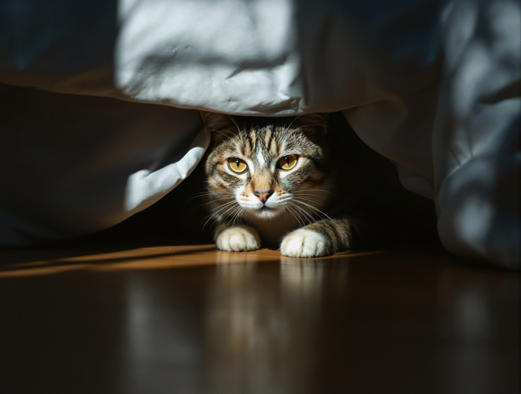 Cat hiding under furniture demonstrating pain-related withdrawal behavior - signs cats are in pain