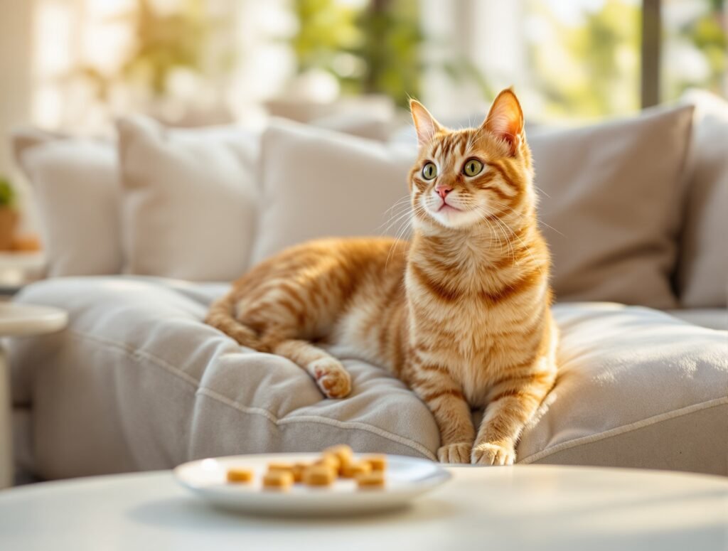 Content cat with treats showing successful positive reinforcement after ear care