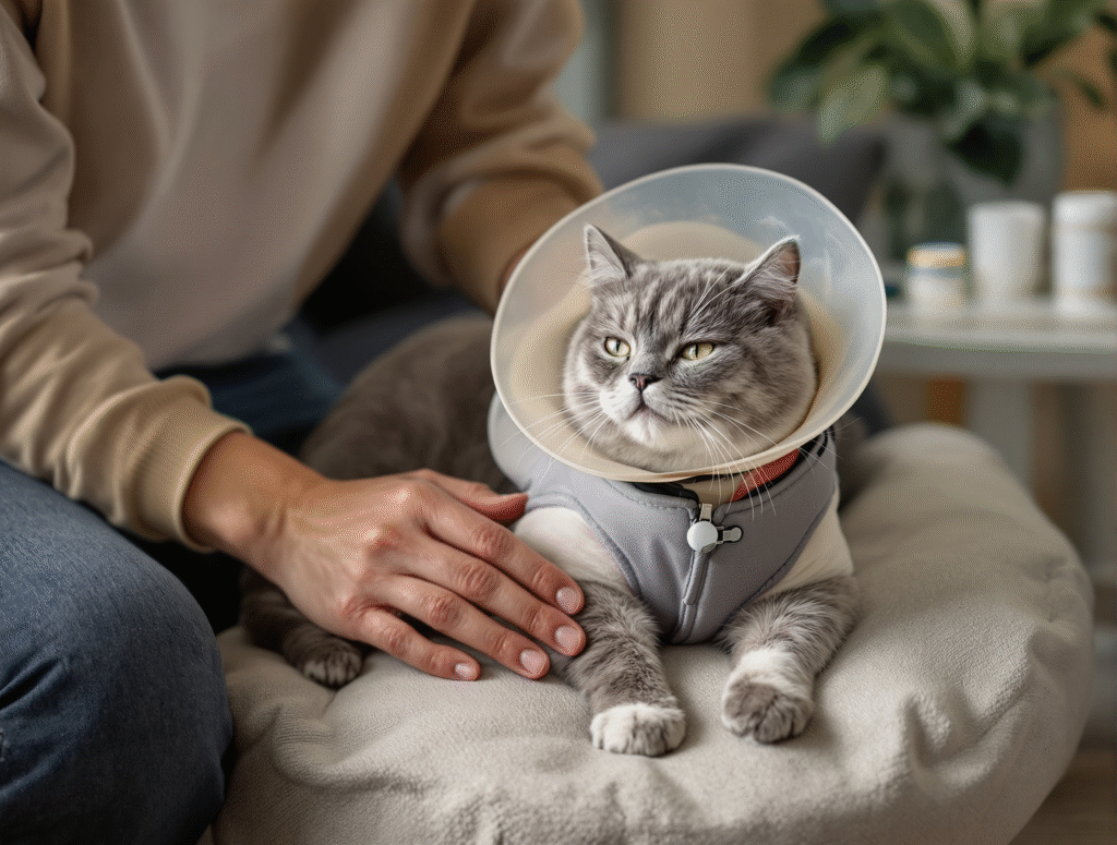 Cat owner providing gentle care to grey British Shorthair cat recovering after spaying surgery wearing protective recovery suit