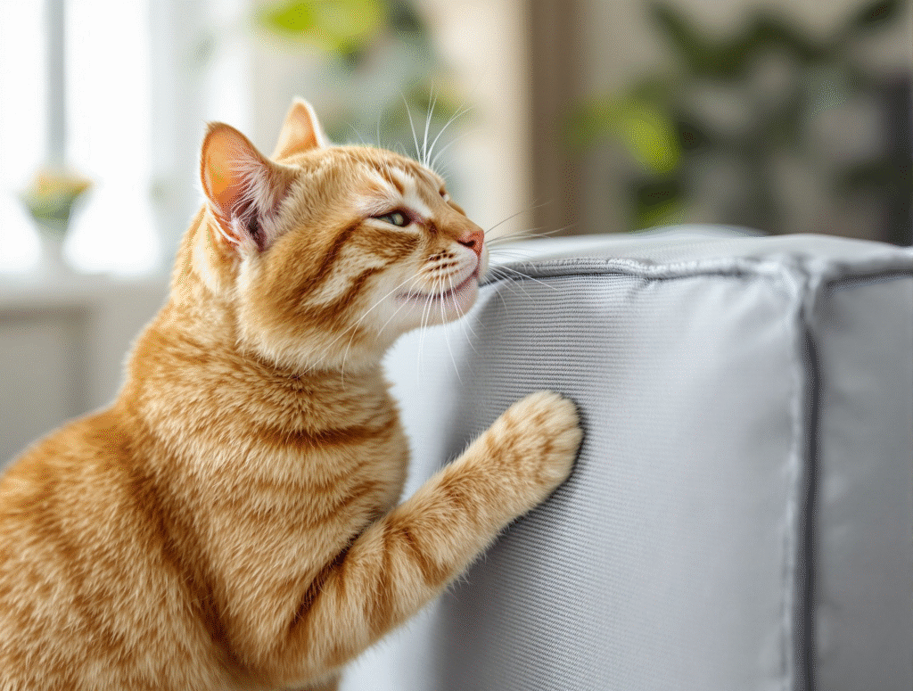 Orange tabby cat rubbing face on sofa corner demonstrating territorial scent marking behavior