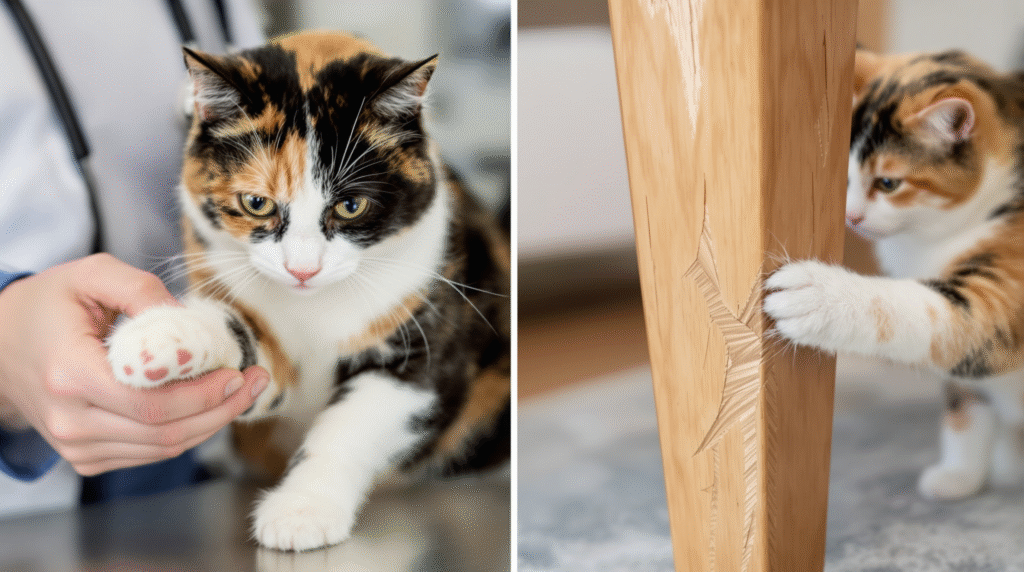 Veterinary examination of cat paw pads for health issues versus cat causing furniture damage from scratching