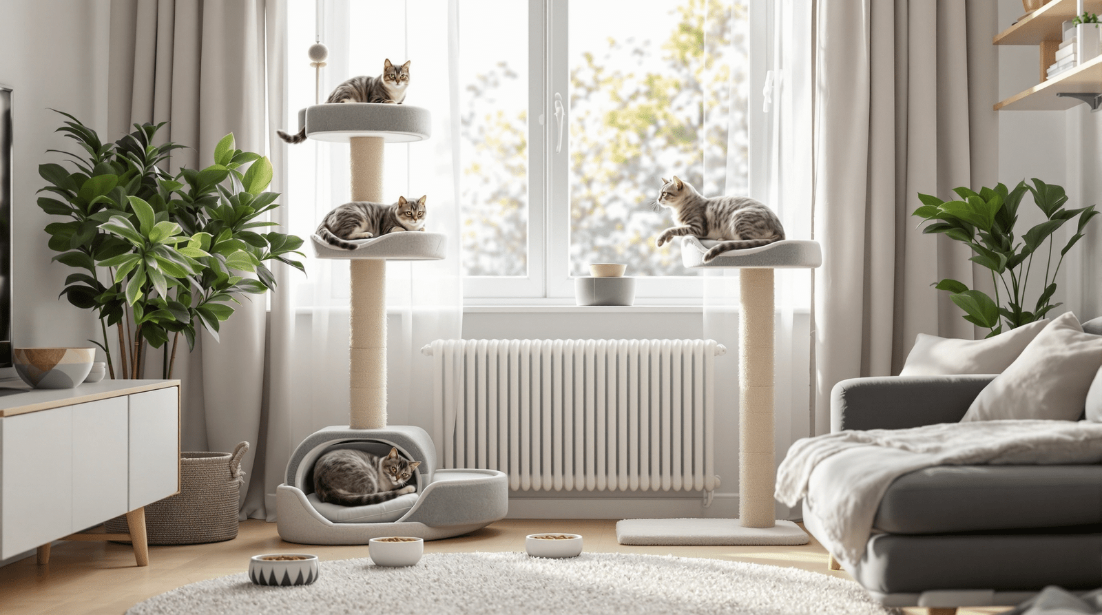 Two cats peacefully coexisting in multi-cat household with cat tree and proper territorial resource distribution