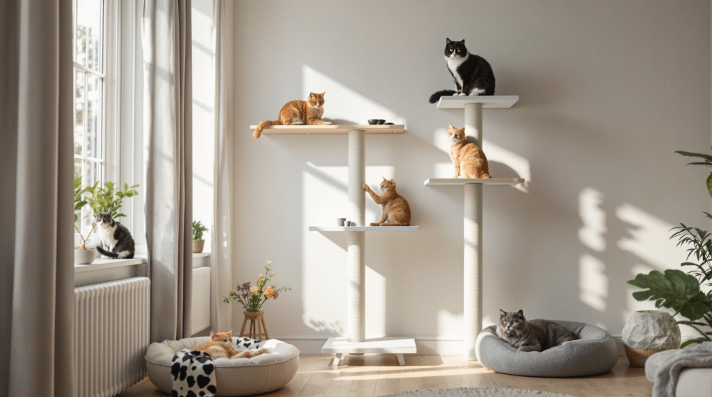 Three cats using vertical territory on cat tree, wall shelves and floor demonstrating multi-cat territorial management
